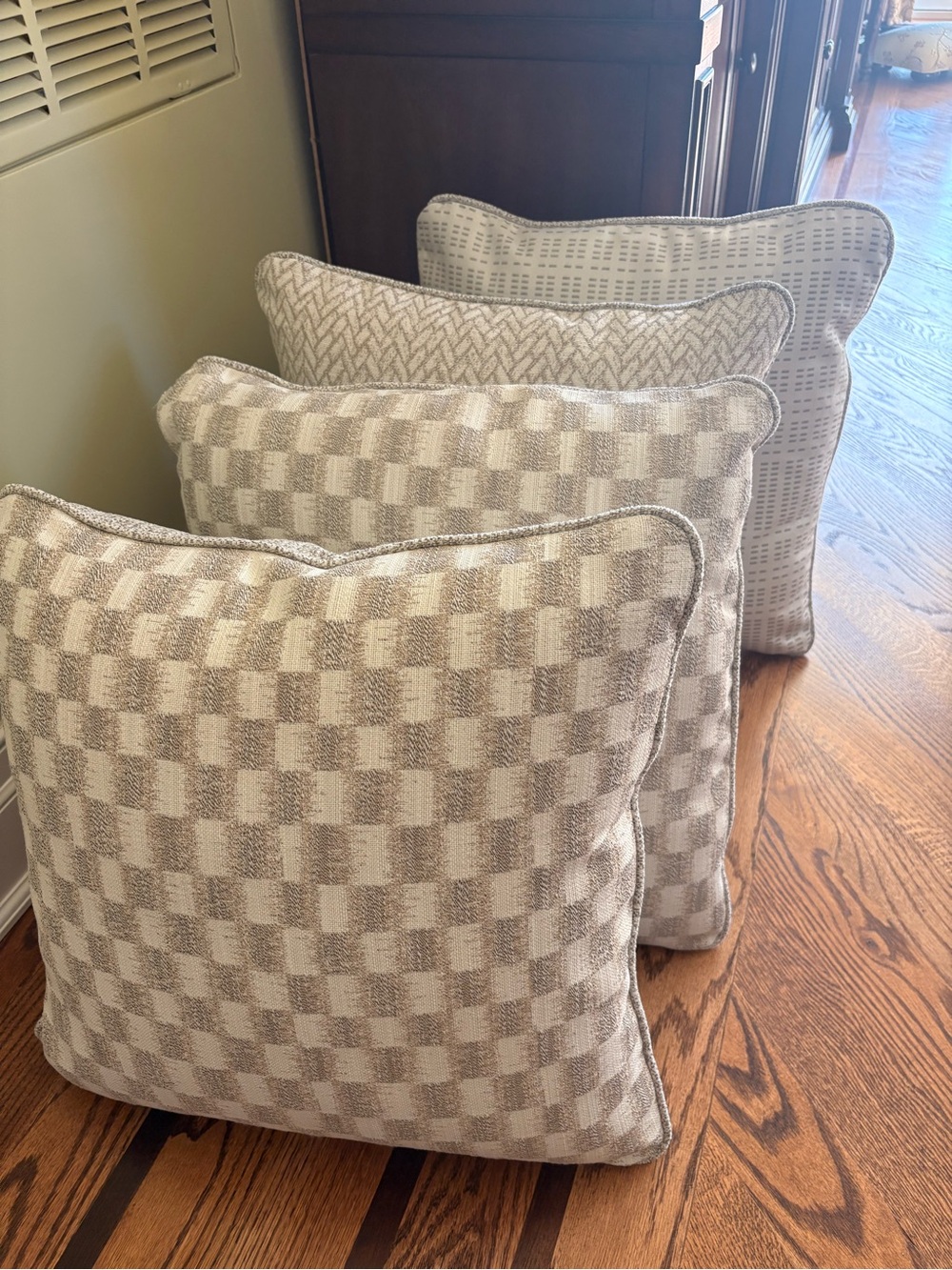 Beige Patterned Square Throw Pillow - Neutral Check Design